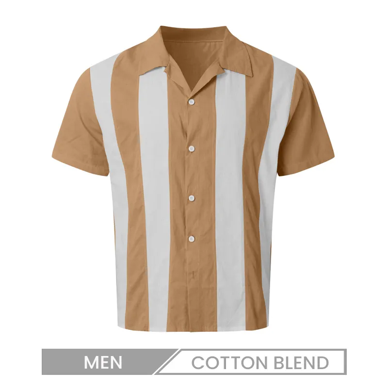 Men Vintage Stripe Print Lel Short Sleeve Custom Bowling Shirt