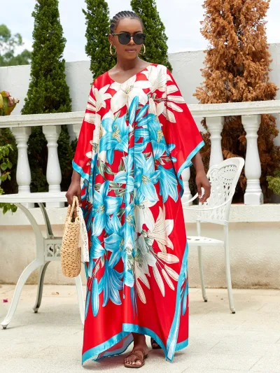 Women Plus Size Casual Floral Printed Dolman Sleeve Loose Dress