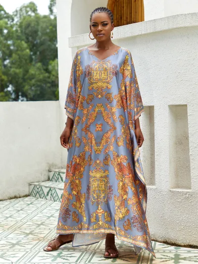 Women Plus Size Casual Floral Printed Dolman Sleeve Loose Dress