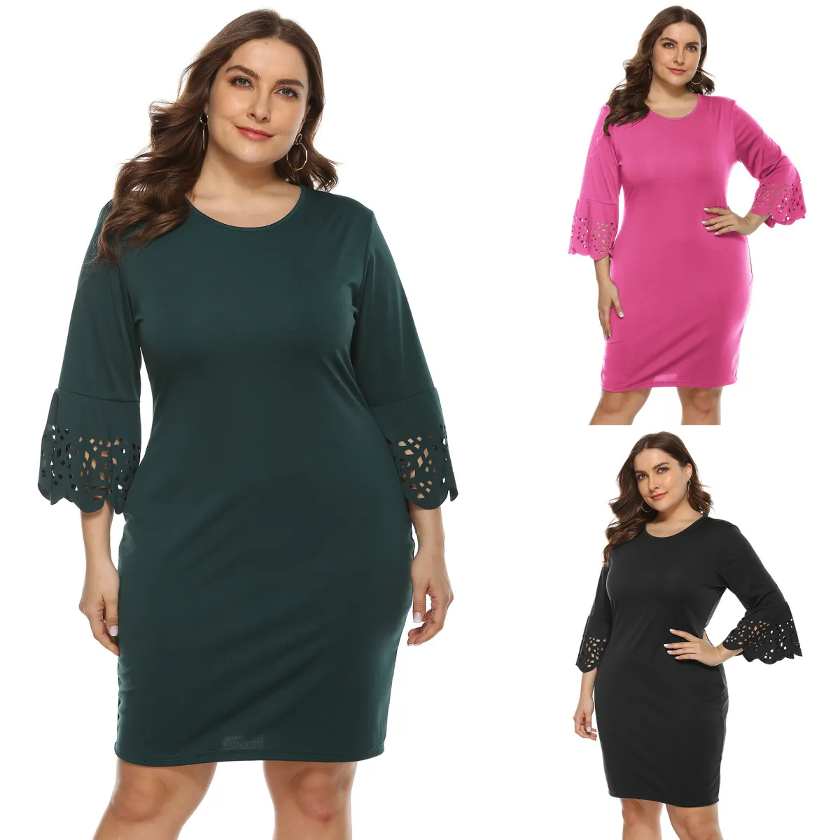 Summer Women Casual Plus Size Solid Color Round Neck Long Sleeve Dress