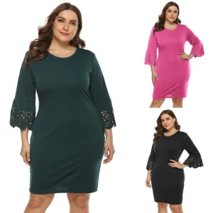 Summer Women Casual Plus Size Solid Color Round Neck Long Sleeve Dress