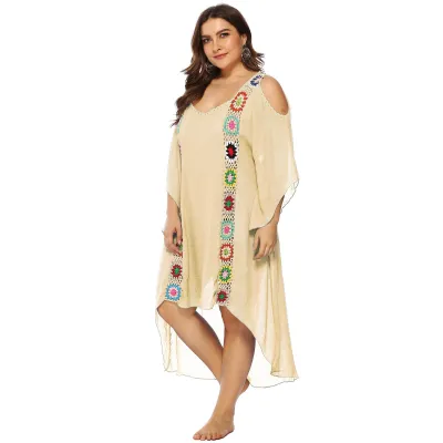 Women Plus Size Irregular Shoulder Beach Dress Bikini Cover-Up Elegant Style Slub Cotton