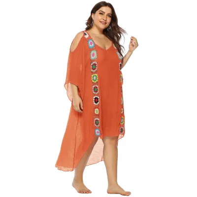 Women Plus Size Irregular Shoulder Beach Dress Bikini Cover-Up Elegant Style Slub Cotton
