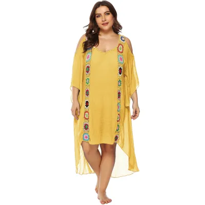 Women Plus Size Irregular Shoulder Beach Dress Bikini Cover-Up Elegant Style Slub Cotton