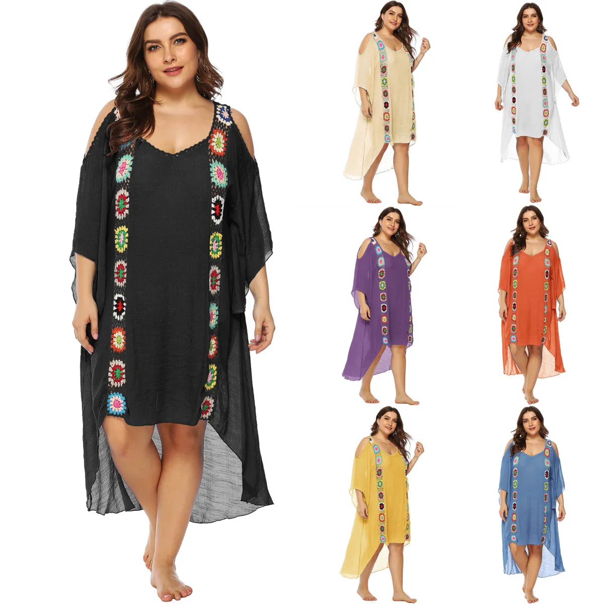 Women Plus Size Irregular Shoulder Beach Dress Bikini Cover-Up Elegant Style Slub Cotton