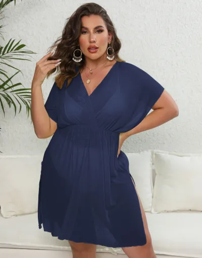 Women Plus Size Sexy V-Neck See-Through Mesh Split Sunscreen Cover-Up Swimwear