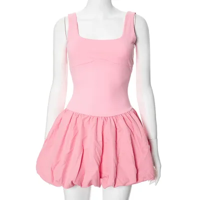 Summer Women Fashion Square Collar Creased Dress