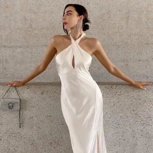 Summer Women Fashion Sexy Crossover Halter Neck Backless Split Midi Dress