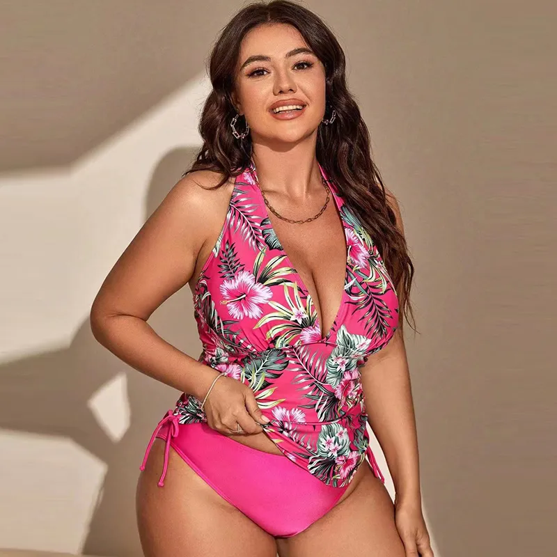 Summer Women Fashionable Sexy Plus Size Deep V Floral Printed Backless Drawstring Bright Swimsuit Set