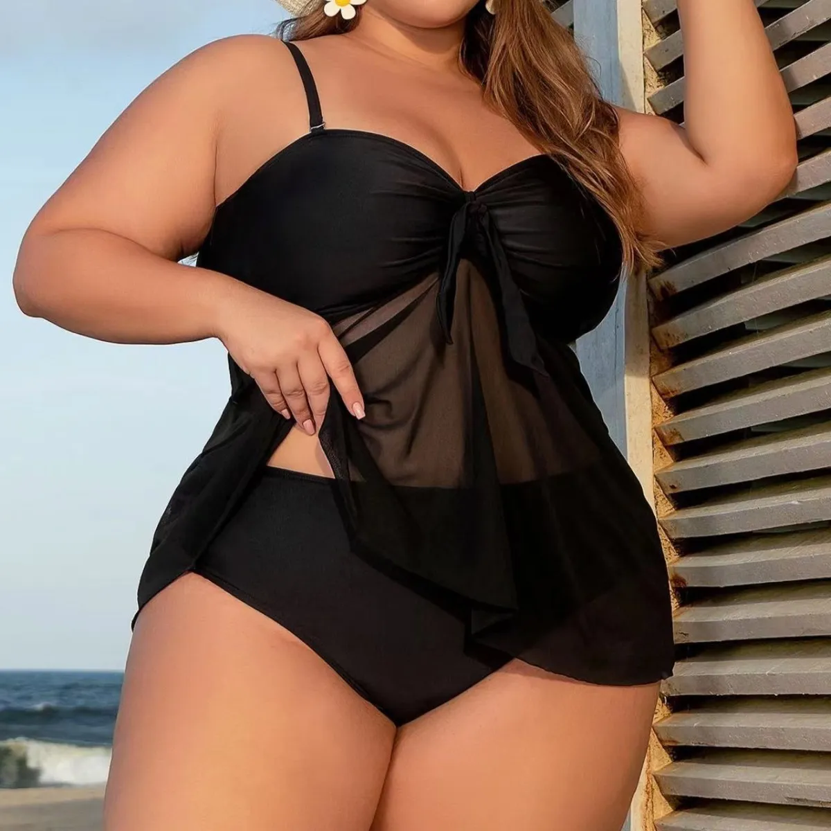 Summer Women Fashion Sexy Plus Size Sling Mesh Gather Tankini Swimsuit Set