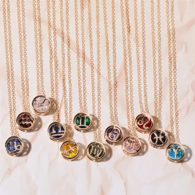 Women Fashion Double-Sided Hollow Twelve Zodiac Zircon Pendant Necklace