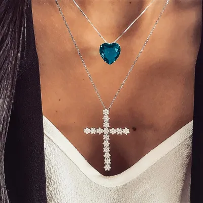 Women's Fashion Blue Crystal Rhinestone Cross Double Layer Pendant Necklace