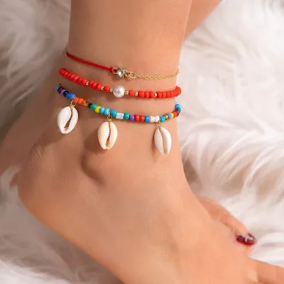 Summer Women Bohemian Rice Beads Beaded Shell Starfish Pearl Foot Chain Set