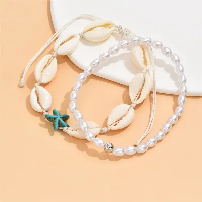 Summer Women Bohemian Rice Beads Beaded Shell Starfish Pearl Foot Chain Set