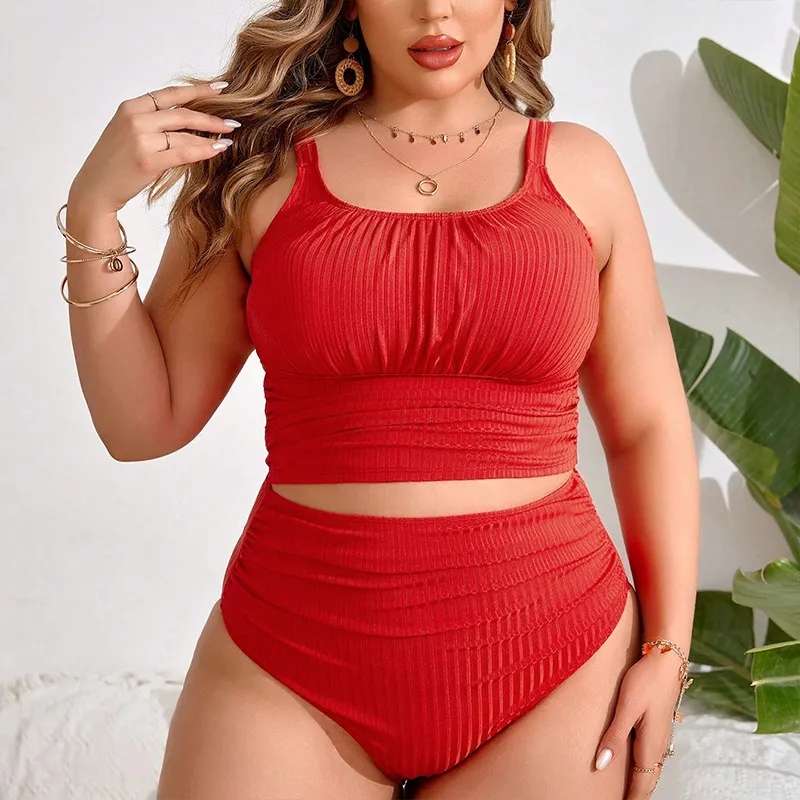 Women Plus Size Sexy High Waist Tankini Swimwear Set