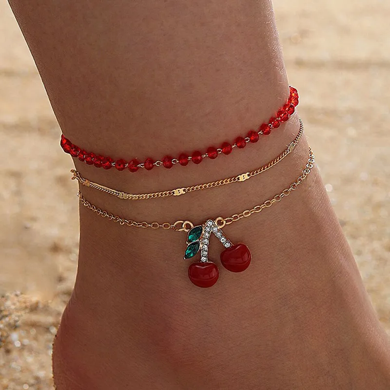 Women Simple Creative Red Beads Beaded Cherry Pendant Three-Piece Anklet Set