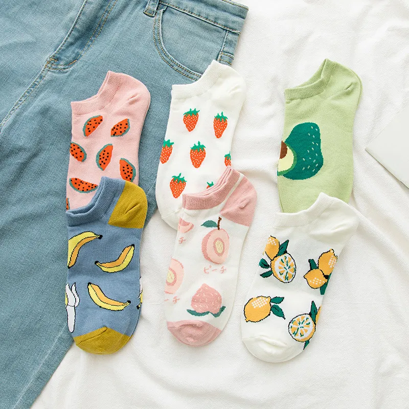 Summer Women Cute Cartoon Avocado Strawberry Fruit Printed Cotton Socks