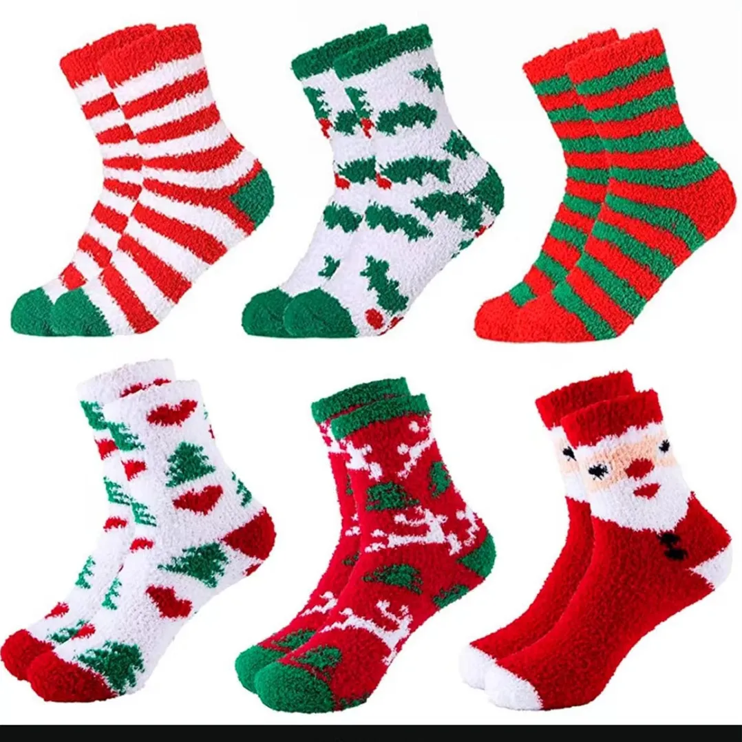 Women Cartoon Plush Christmas Tree Santa Claus Socks Coral Fleece Leisure
