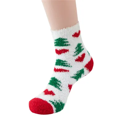 Women Cartoon Plush Christmas Tree Santa Claus Socks Coral Fleece Leisure
