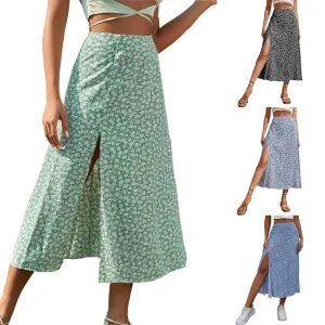Women Casual Tiny Flower-Print Split Side A-Line Skirt