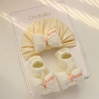 Newborn Casual Cute Bow Hat And Socks Set – Cotton Fresh Sweet Lovely Flat Top Baby Outfit