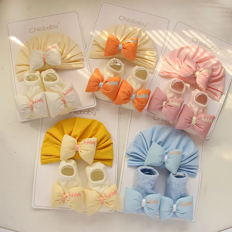 Newborn Casual Cute Bow Hat And Socks Set – Cotton Fresh Sweet Lovely Flat Top Baby Outfit