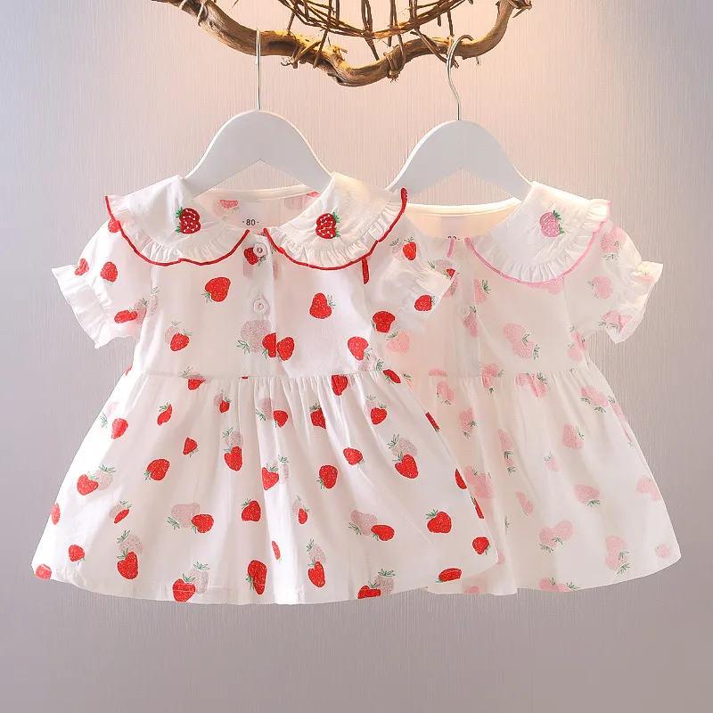 Kids Baby Girls Strawberry Print Casual Short Sleeve A-Line Princess Dress