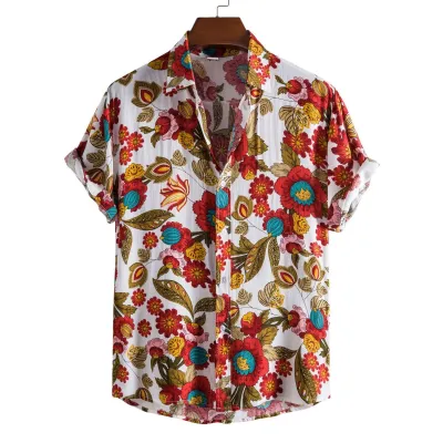 Men Fashion Leisure Holiday Beach Tiny Flower Print Short Sleeve Lapel Shirt