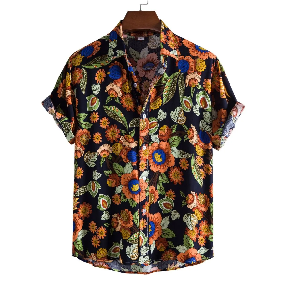 Men Fashion Leisure Holiday Beach Tiny Flower Print Short Sleeve Lapel Shirt