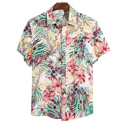 Men's Fashion Leisure Holiday Beach Floral Print Short Sleeve Lapel Shirt Pointed Collar Slim Fit Cotton