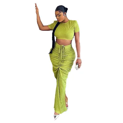 Women's Solid Color Round Neck Short Sleeve Crop Top with Creased Drawstring Skirt Two-Piece Set