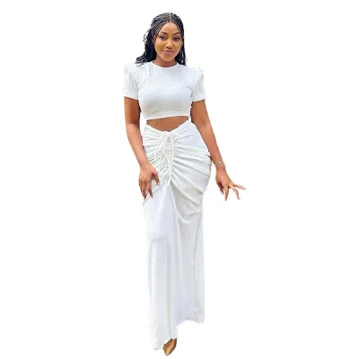 Women's Solid Color Round Neck Short Sleeve Crop Top with Creased Drawstring Skirt Two-Piece Set