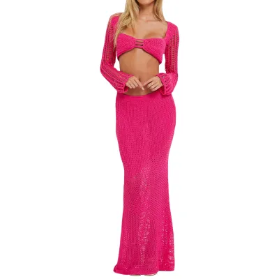 Summer Women Fashion Sexy Knitted Long Sleeve Crop Top Skirt Two-Piece Set