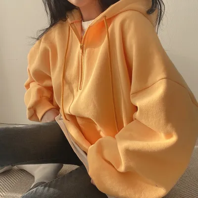 Women's Loose Fit Zipper Hooded Sweatshirt - Long Sleeve Cotton Pullover Japanese Korean Casual Style