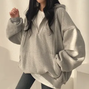 Women's Loose Fit Zipper Hooded Sweatshirt - Long Sleeve Cotton Pullover Japanese Korean Casual Style