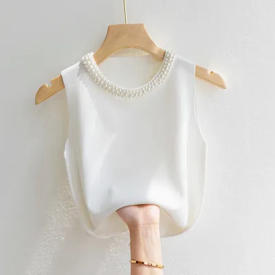 Women Solid Color Pearl Sleeveless Knit Top
