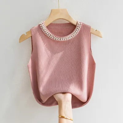 Women Solid Color Pearl Sleeveless Knit Top
