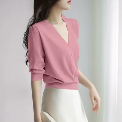 Women V-Neck Pearl Decorated Short Sleeve Knitted Top
