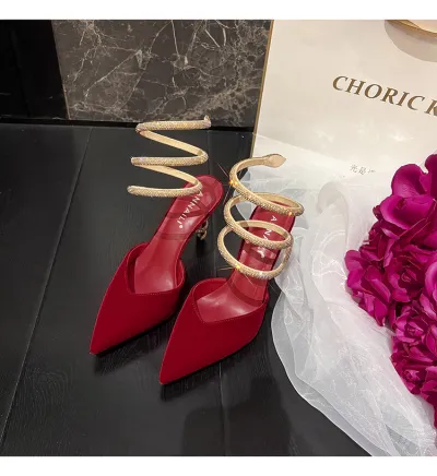 Summer Fashion Plus Size Sexy Snake Wrap Rhinestone Suede Pointed Toe High Heel Sandals