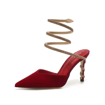 Summer Fashion Plus Size Sexy Snake Wrap Rhinestone Suede Pointed Toe High Heel Sandals