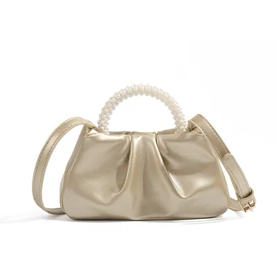 Women Fashion Creased Pearl Handle Crossbody Bag