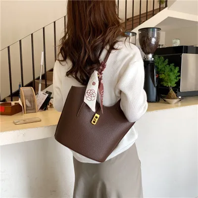 Women Simple Large Capacity PU Silk Scarf Decorative Bucket Shoulder Bag
