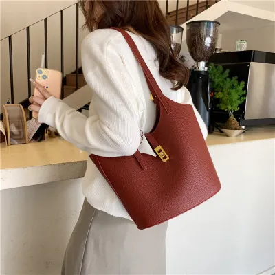 Women Simple Large Capacity PU Silk Scarf Decorative Bucket Shoulder Bag