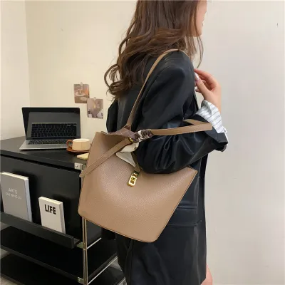 Women Simple Large Capacity PU Silk Scarf Decorative Bucket Shoulder Bag