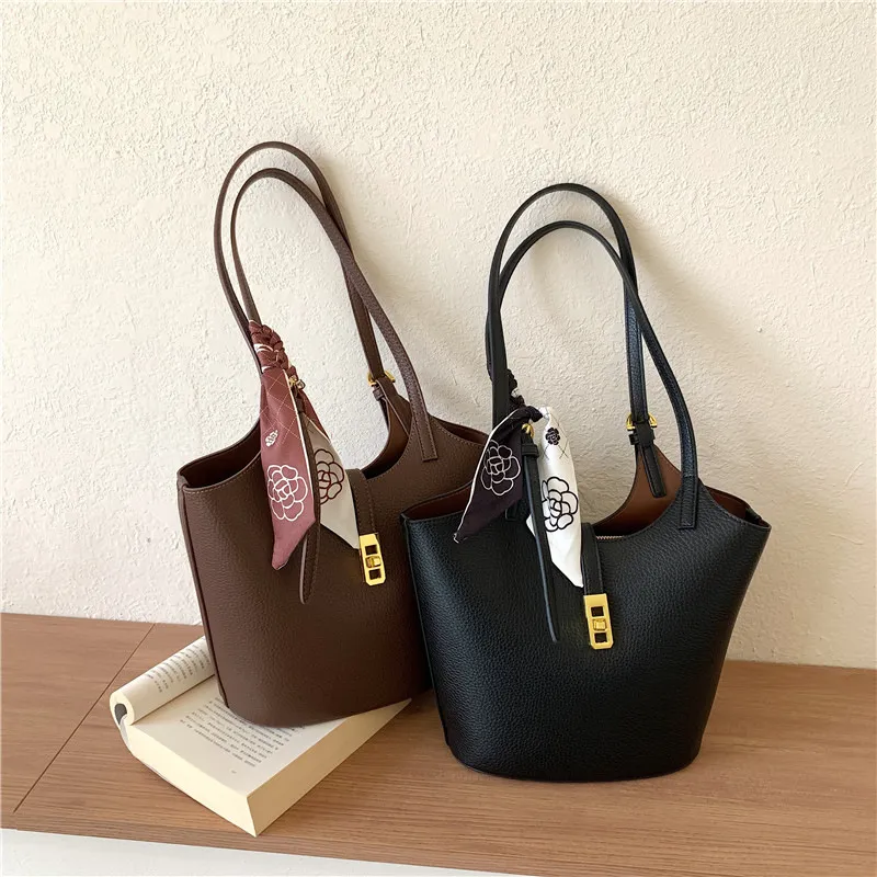 Women Simple Large Capacity PU Silk Scarf Decorative Bucket Shoulder Bag