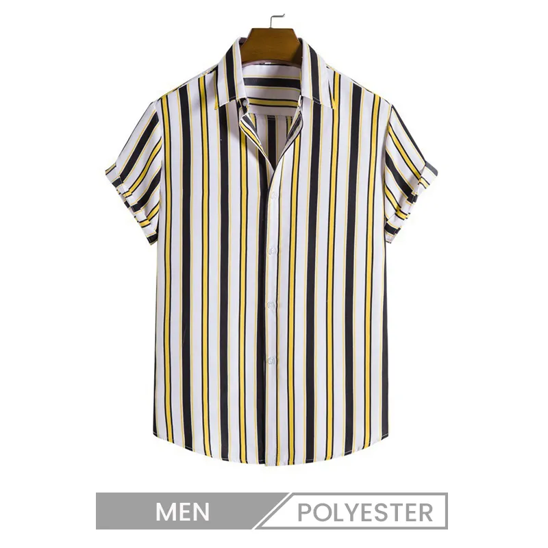 Men Casual Stripe Print Short Sleeve Cuban Collar Bowling Shirt