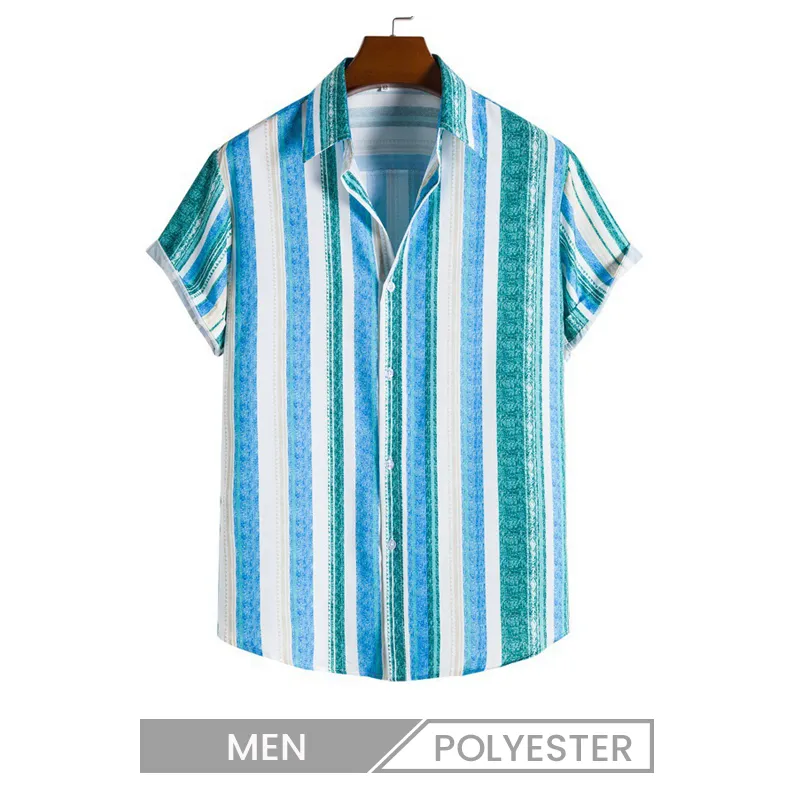 Men Casual Stripe Print Short Sleeve Cuban Collar Bowling Shirt