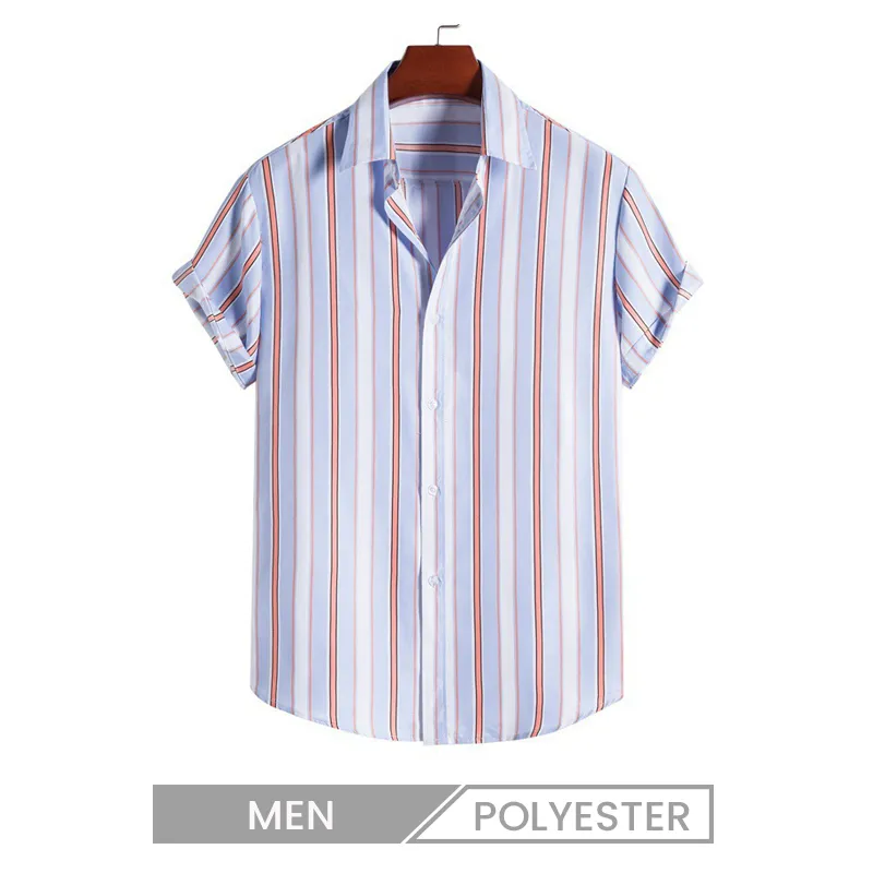 Men Casual Stripe Print Short Sleeve Cuban Collar Bowling Shirt