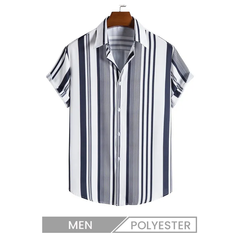 Men Casual Stripe Print Short Sleeve Cuban Collar Bowling Shirt
