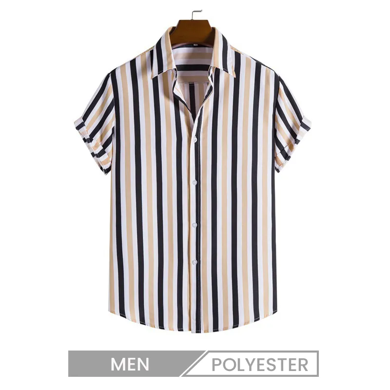 Men Casual Stripe Print Short Sleeve Cuban Collar Bowling Shirt